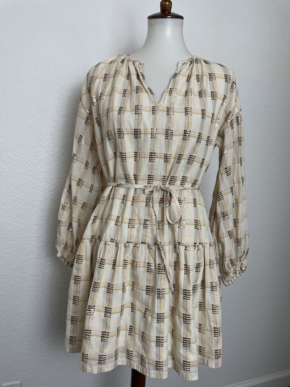Lou & Grey Mini Dress Belted Plaid Check Metallic Western Cowgirl FLAW